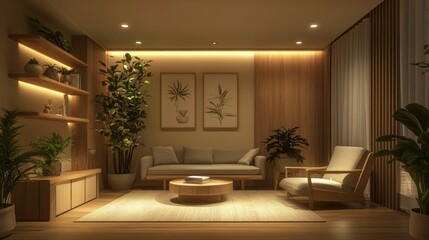 A modern, inviting therapy room with soft lighting, comfortable couch and armchair