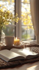 A cozy home setting with an open journal, a cup of herbal tea, and a lit candle on a wooden table