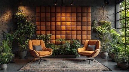 inviting studio interior designed for podcasting and interviews featuring two stylish chairs and soundproofing elements creating an atmosphere of creativity and conversation