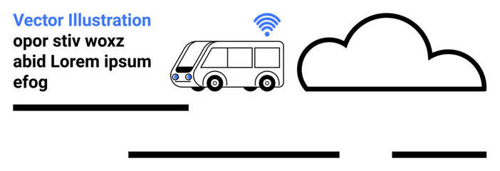 Autonomous electric bus with blue wireless signal driving toward a cloud. Ideal for tech articles, smart city applications, e-transport presentations, automated transport, future mobility concepts
