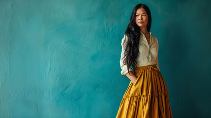 Obraz premium Elegant Indigenous woman with long black hair against teal background