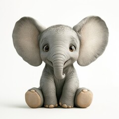 3D-rendered baby elephant with big ears, sitting and smiling, white background