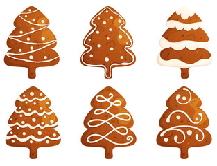 Xmas gingerbread trees set isolated on white. Happy holidays homemade sweets collection.