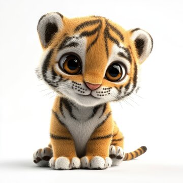 3D baby tiger cub with wide eyes and tiny paws, white background