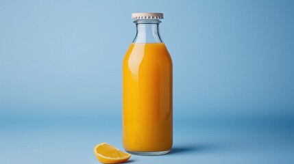 A glass bottle filled with fresh orange juice, with a slice of orange beside it, on a light blue background.