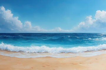 inviting summer beach scene with soft golden sand and gentle waves framed by bright blue skies creating an idyllic backdrop perfect for relaxation and inspiring summer vibes