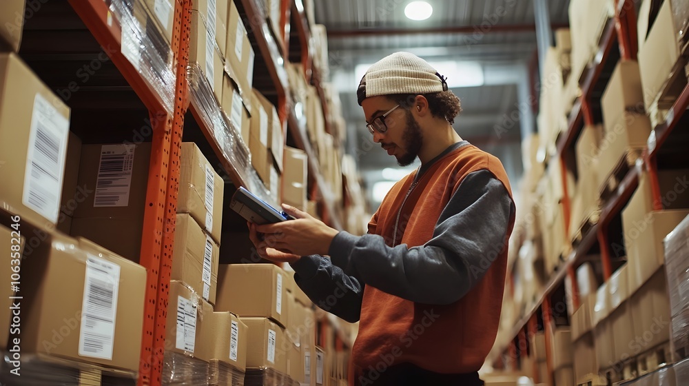Poster warehouse worker utilizing handheld device for efficient inventory tracking