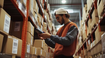 Warehouse Worker Utilizing Handheld Device for Efficient Inventory Tracking