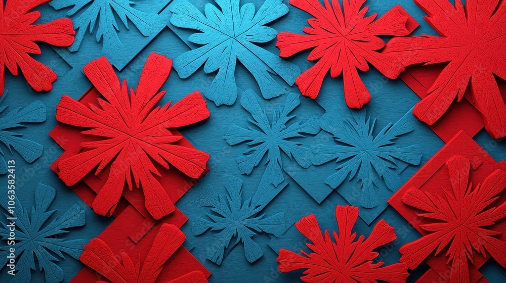 Poster a vibrant composition of red and blue snowflake shapes layered against a textured background, creati