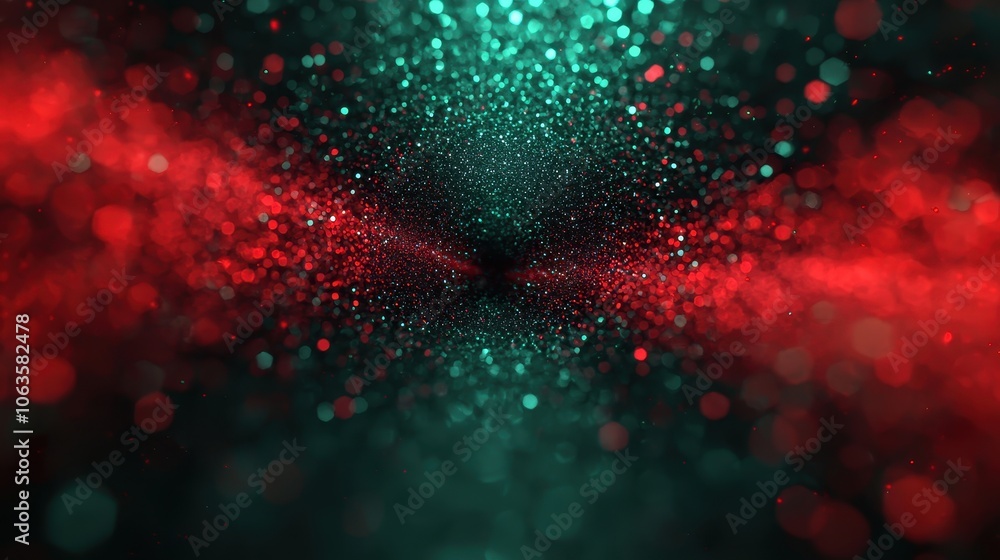Poster a vibrant abstract background featuring shimmering particles in red and teal colors, creating a dyna