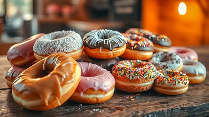 A symphony of sugary delights, each donut a masterpiece of texture and flavor, resting on a rustic wooden surface, bathed in warm light.