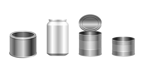 Tin container set. Tin cans for drinks and food. Vector 3D set