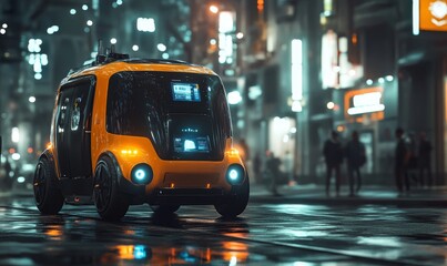 Autonomous delivery robot navigating city streets, revolutionizing urban logistics, 3D illustration
