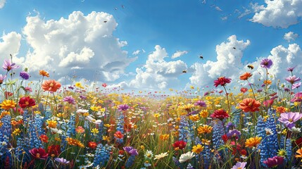 A field of wildflowers stretches out toward the horizon, filled with vibrant reds, yellows, and purples. Bees buzz from flower to flower, and the scene feels alive with the colors and energy of spring