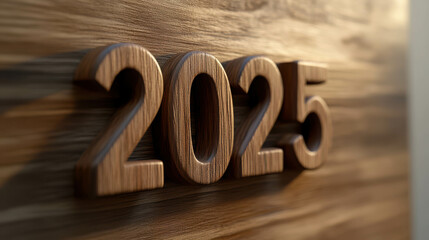 Wooden 2025: A close-up shot of the year 2025 carved in wood, adding a rustic and natural touch to your designs. Ideal for calendars, planners, presentations, and new year themes.  