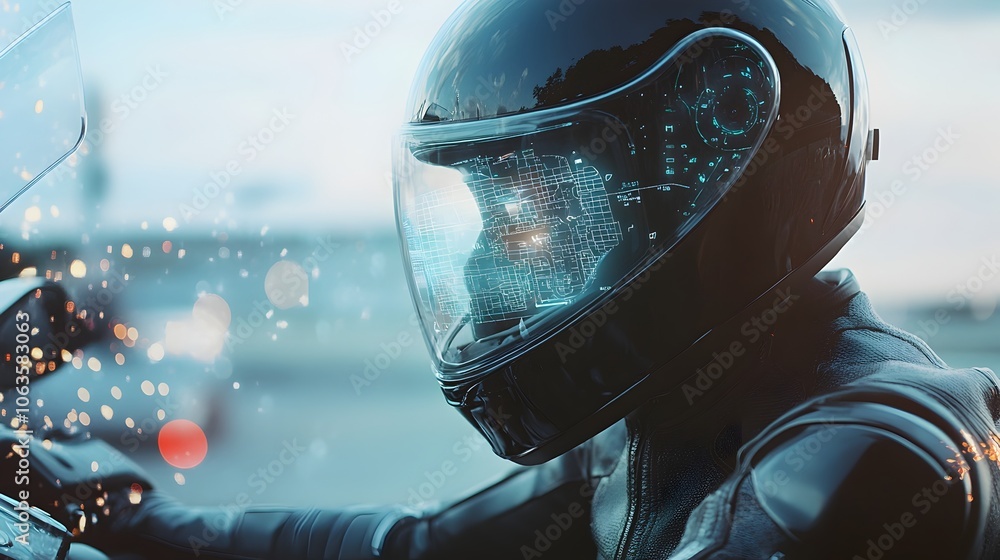 Poster helmet transparent display showing speed gps map route guidance for next-gen driving experience