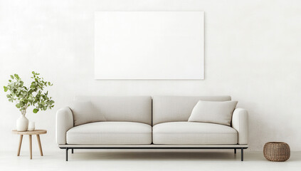 Modern minimalist living room interior with gray sofa and blank wall