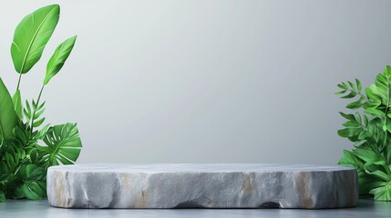 A minimalist display featuring a stone platform surrounded by lush green leaves on a soft gray background.
