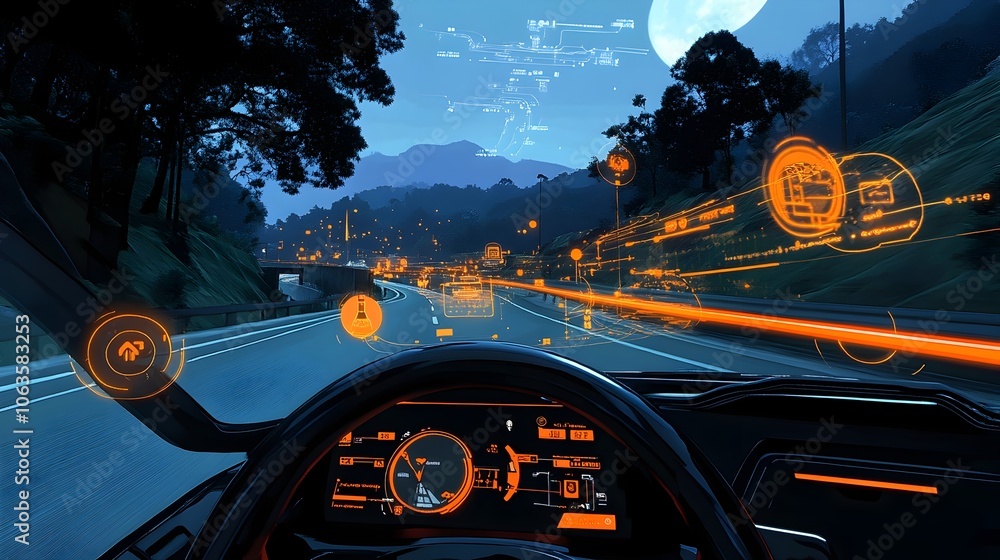 Poster augmented reality helmet view with futuristic digital dashboard interface