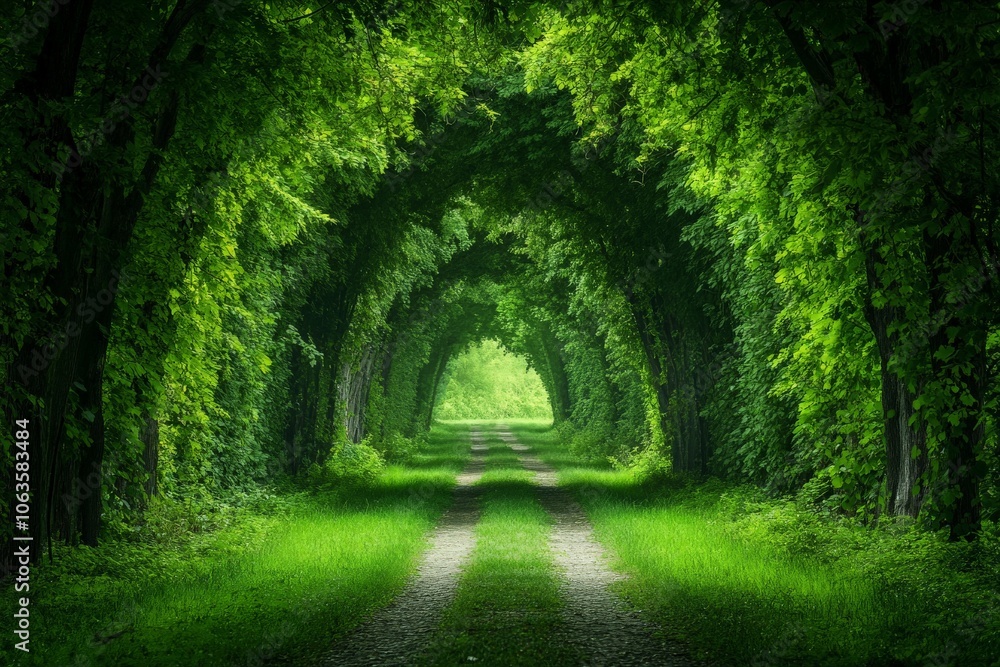 Poster a mesmerizing view of a forest path, surrounded by vibrant, green trees forming an arch-like canopy,