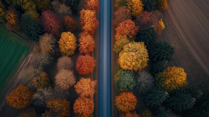 Explore the beauty of an autumn road journey through vibrant tree-lined landscapes