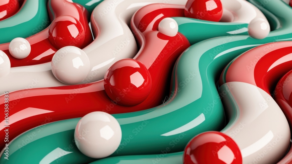 Poster a colorful abstract design featuring wavy patterns in red, teal, and white, with shiny spheres creat