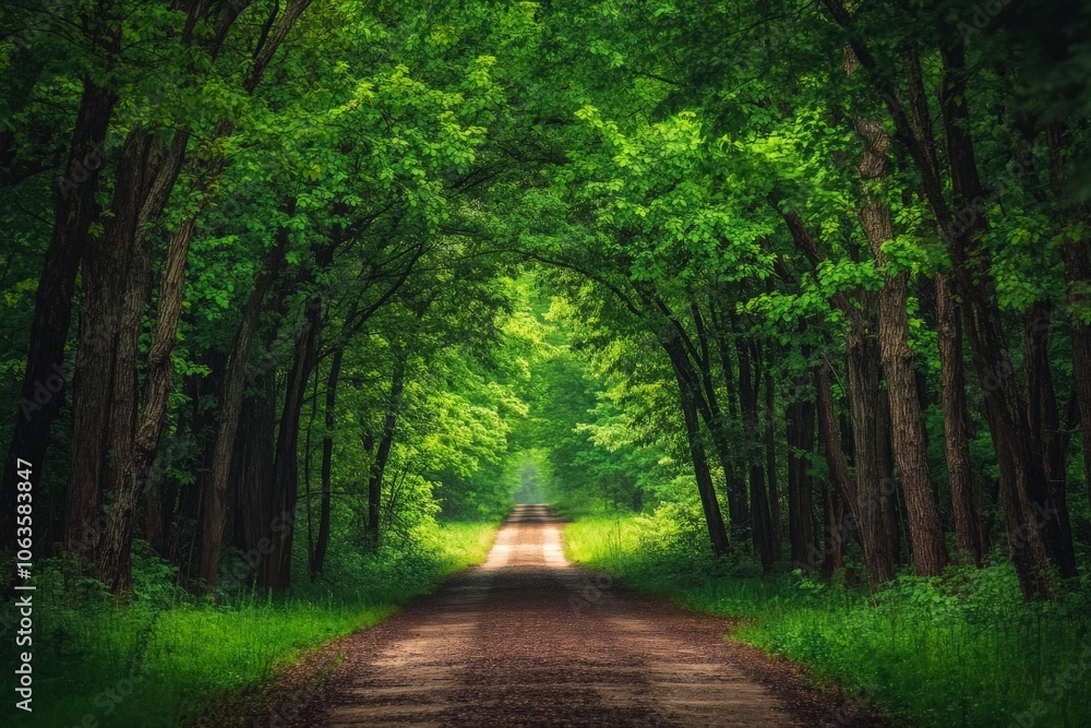 Poster A captivating image of a dirt road flanked by dense, leafy trees creating a tranquil scene that invites you into the heart of the serene and mysterious forest.