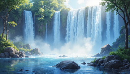 Breathtaking waterfall flowing into calm lake with lush foliage and soft sunlight