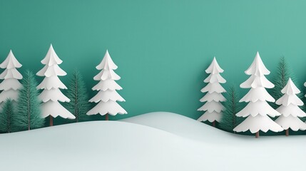 Fototapeta premium A serene winter scene featuring white paper trees on a snow-covered hill against a teal background.