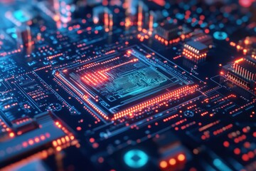 Obraz premium Close-up of a Circuit Board with Glowing Red and Blue Components