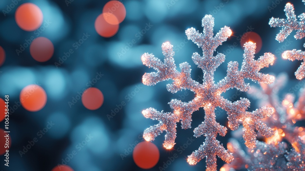 Poster a sparkling snowflake glimmers against a soft blue background with warm orange lights, creating a ma