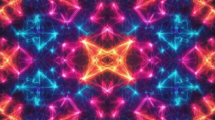 Obraz premium A vibrant, abstract pattern showcasing neon colors in a kaleidoscopic design, featuring stars and glowing shapes against a dark background.
