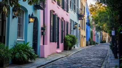 Explore the charm of a cobblestone street lined with colorful pastel houses