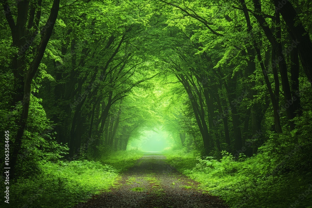 Poster A breathtaking view of a forest path resembling a tunnel, its canopy of branches and leaves creating a mystical atmosphere leading towards a bright light ahead.