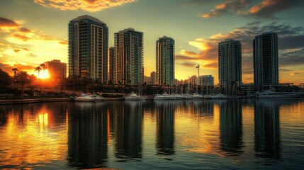 Fototapeta premium Experience the stunning beauty of a sunset reflecting on city skyscrapers by the water
