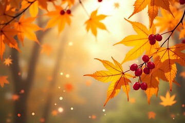 Fototapeta premium Autumn maple leaves and red berries with soft focus on background with copy space