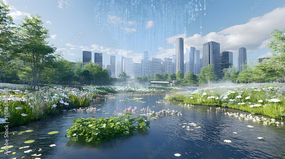 Poster aerial view of net-zero greenhouse landscape with digital data flows signifying carbon-neutral