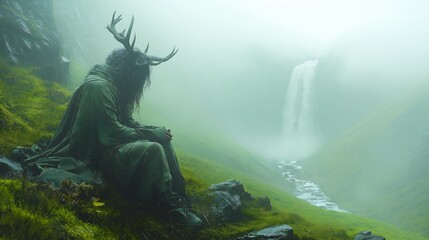 Fototapeta premium Mysterious Figure Sitting in Valley Before Waterfall in Foggy Fantasy Landscape Generative AI