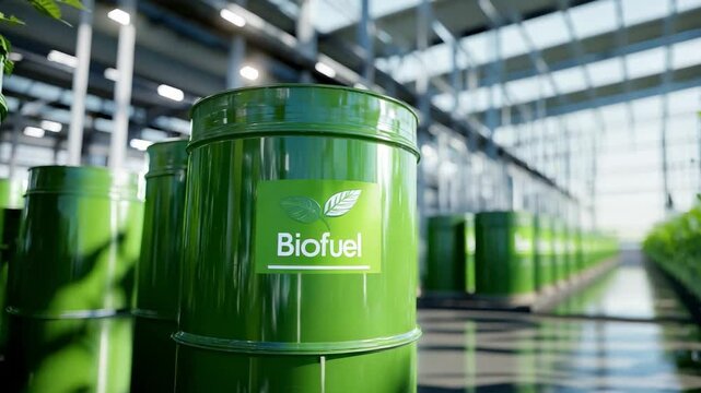 Green biofuel barrels arranged inside a modern facility with plants, emphasizing sustainability and renewable energy