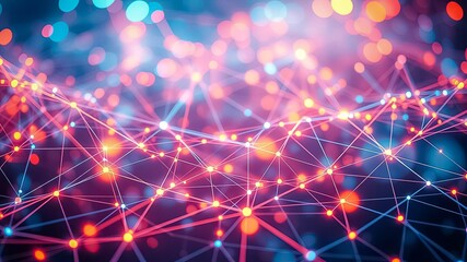 A luminous web of interconnected nodes, radiating vibrant hues of crimson and cerulean, evokes a sense of intricate connectivity and dynamic energy.