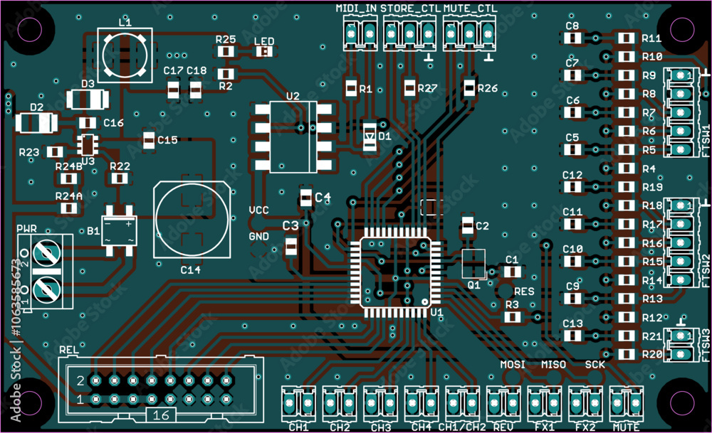 Poster vector printed circuit board of electronic device with components of radio elements, conductors and 