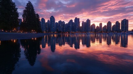 Obraz premium Captivating sunset illuminates city skyscrapers reflected in tranquil water