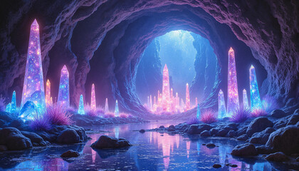 Obraz premium Mystical cave adorned with colorful crystal formations and luminescent plants reflected in tranquil water