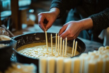 Hands dip long taper candles into a hot wax mixture, creating elegant wax candles, showcasing artistry and tradition in the candle making process.