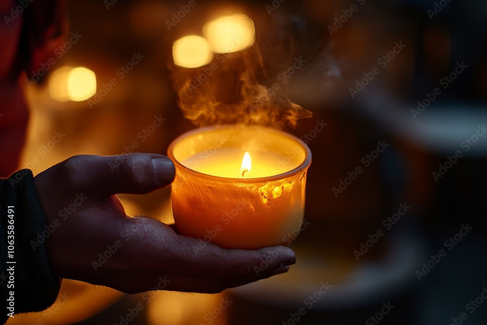 Poster a hand clutches a small steaming candle in a vibrant and illuminated setting, capturing the essence 