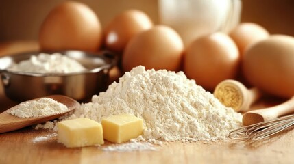 Fototapeta premium Explore essential baking ingredients and utensils for perfect homemade treats
