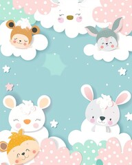 Cute background with playful cartoon animals and pastel-colored clouds, with plenty of empty space for captions or other content
