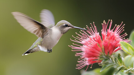 Fototapeta premium Close up of vibrant hummingbird hovering near bright flower, showcasing its iridescent feathers