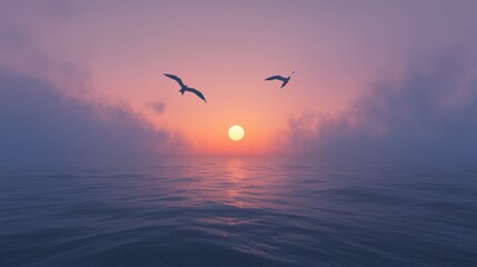 Naklejka premium Capture the serene beauty of dusk with silhouettes of birds flying over the ocean