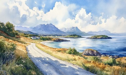 Watercolor A breathtaking coastal road stretches along Norway's picturesque shore, surrounded by tranquil waters and lush greenery under a vibrant sky. Atlantic ocean road